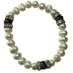 Pearl Beads Blue Crystal Stretch Bracelet - Brand New